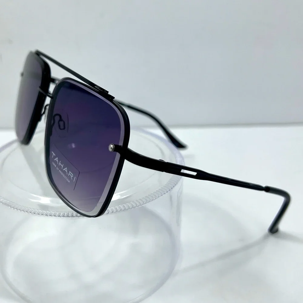 ⭐️TAHARI💯MENS MATT BLACK METAL SUNGLASSES, UNIQUE LENSES & FADING PURPLE COLOR